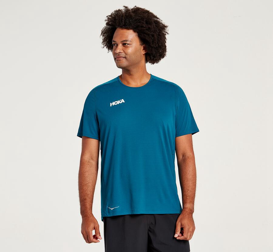 Hoka One One Top Erkek Mavi - Performance Short Sleeve - DA9682143